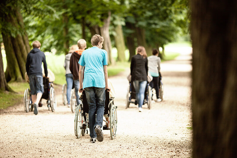 Eine Gruppe von Menschen, einige in Rollstühlen, andere zu Fuß, bewegt sich gemeinsam auf einem von Bäumen gesäumten Weg in einem Park.